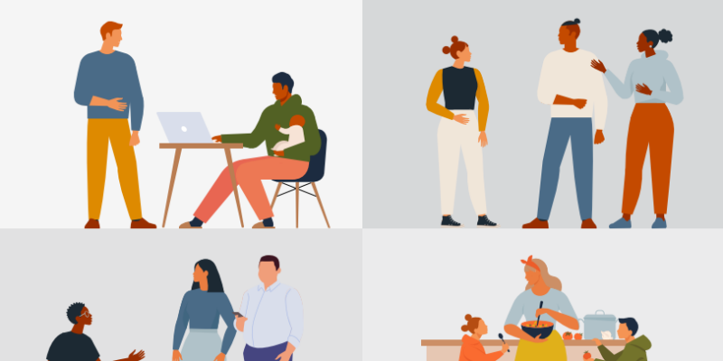illustrations of a man working on a laptop while holding a baby, three people standing while talking, twon people talking to a person in a wheelchair, and a woman cooking with two children.