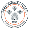 Freelancers Union logo is a seal with three bees and a hive