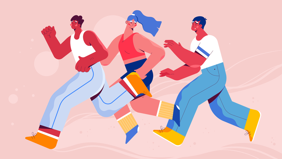 A guy and a girl are running. Sports competitions. Illustration of three young people running a marathon