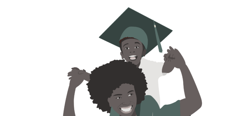 Man in graduation gown with child in graduation cap on his shoulders